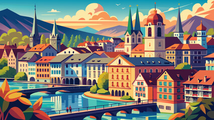 Very beautiful summer panorama of Zurich featuring the Limmat River, historic rooftops, church towers, and vibrant city life blended harmoniously with nature in Switzerland’s cultural heart.