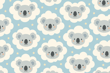 Koala faces on clouds with stars in a repeating pattern that fills the background in light blue and soft grey tones