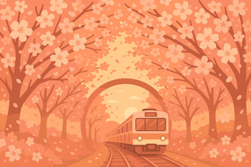 Train travels through cherry blossom trees in a warm sunset scene with flower-covered tracks