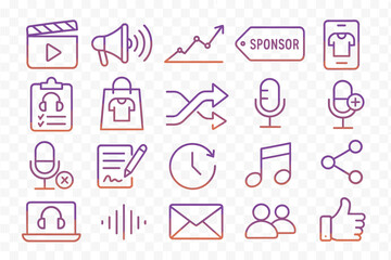 Different icons representing various activities related to media and marketing on a plain background for digital design purposes