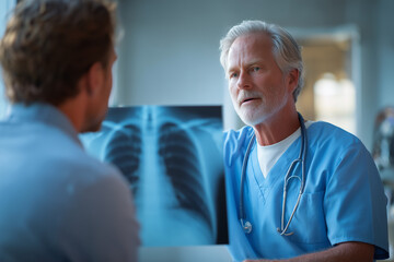 Obraz premium Experienced male doctor in blue scrubs attentively reviewing a chest X-ray with a patient during a calm medical consultation
