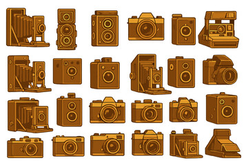 Different types of cameras are shown in a collection, displaying their unique designs and features from various time periods