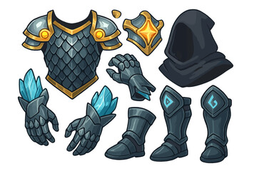 Armor pieces for fantasy characters shown in various colors and designs with an emphasis on detail and style for role-playing games
