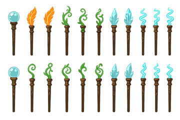 Various magic wands with different designs and colors on a white background showcasing creativity and fantasy themes
