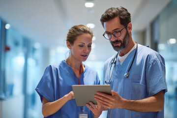 Two medical professionals in scrubs reviewing patient data on a tablet in a modern hospital corridor, collaborating on clinical care