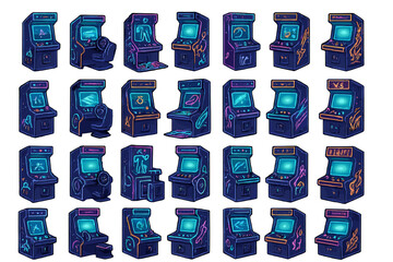 Various arcade game machines displayed in a grid showing different designs and themes, set in a fun gaming environment