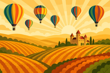 Hot air balloons fly over vineyards and hills during sunrise in a colorful landscape with a castle