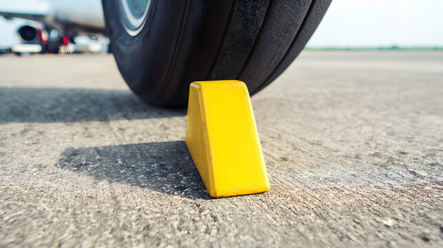 chock. A bright yellow rubber wheel chock secured against an aircraft tire on the tarmac. mobility guides, transit brochures, designed for mobility and urban transit guides, used by researchers.
