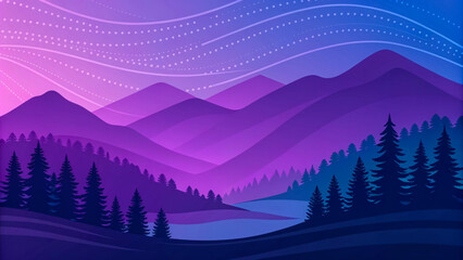 A serene mountain landscape with a lake and trees at sunset