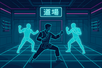 Karate practice in a dojo with digital figures and neon lights at night