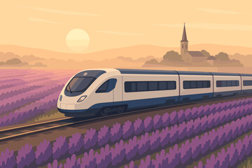 High-speed train travels through lavender fields at sunset near a distant church
