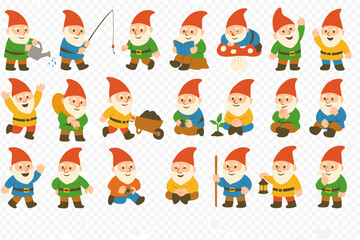 Various gnomes engaging in different activities in a garden setting throughout the seasons