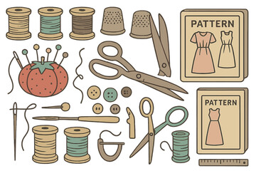 Supplies and tools for sewing projects with patterns and threads on a white background