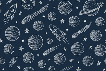 Space pattern with rockets, planets, and stars drawn in chalk style on a dark background