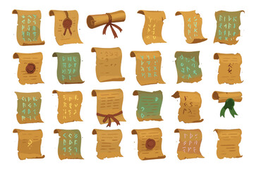 Collection of ancient scrolls with various symbols and seals displayed on a plain background
