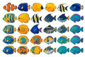 Colorful fish swimming in a pattern with different shapes and sizes in a vibrant underwater scene