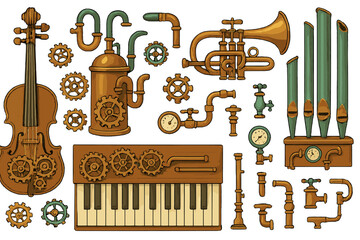 Various musical instruments with steampunk style gears and pipes in a creative arrangement on a white background