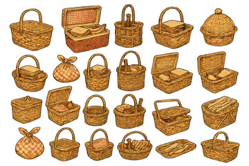 Different types of baskets with various contents including cloth and food items arranged in a pattern