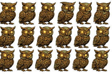 Design of multiple owls with mechanical features in a detailed, patterned layout on a plain background