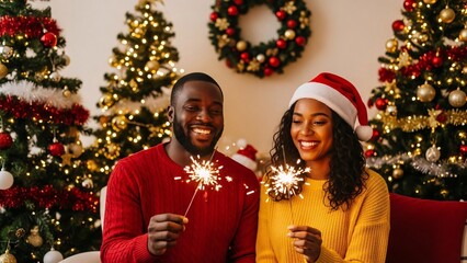 Joyful Couple Celebrating Christmas Together with Sparklers.
