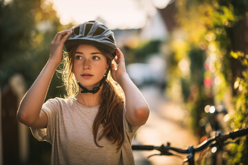 Teenage girl adjusting a bicycle helmet in golden hour light - outdoor lifestyle portrait capturing youthful confidence, safety and active summer living