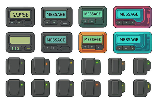 Different styles of pager devices displayed in a grid with various button layouts and screen designs