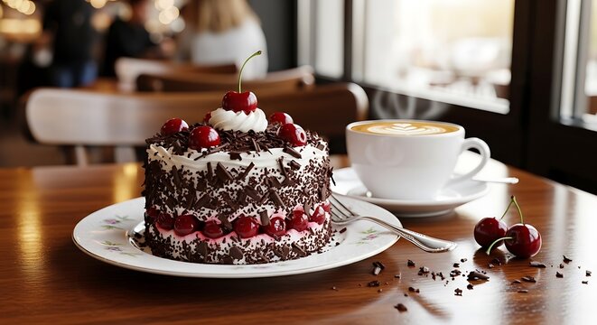 Delicious black forest cake with coffee