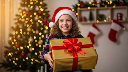 Joyful Child Wearing Santa Hat Presents Christmas Gift.