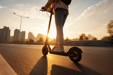 Urban sunset ride: person on electric scooter cruising past a city skyline at golden hour &mdash; eco commuting, freedom, modern mobility