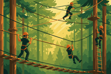 Group of people engaged in an outdoor ropes course activity in a forest during daytime with tall trees surrounding the area