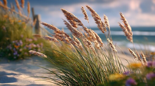 Dry grass blowing in the wind across a sunny field under a blue sky