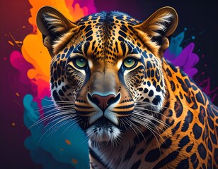 Close-up of a leopard with vibrant, multicolored abstract background