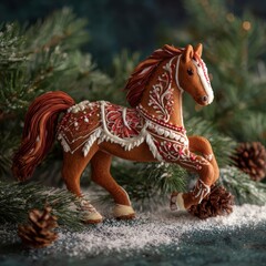 Beautifully decorated gingerbread horse cookie set against a festive winter background with evergreen branches and pine cones