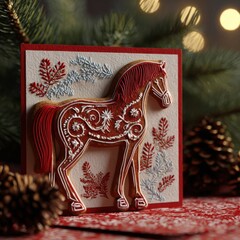 Beautifully decorated gingerbread horse cookie set against a festive winter background with evergreen branches and pine cones