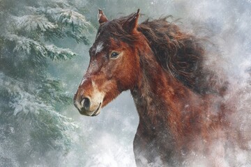 A majestic brown horse stands outdoors in a snowy winter landscape. Snowflakes swirl around the horse, some landing softly on its mane and face