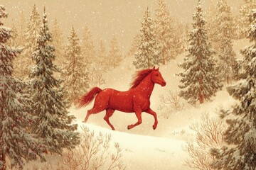 A bright red horse gallops energetically through a snowy forest landscape. Snow is gently falling, covering pine trees and the ground with a soft white blanket