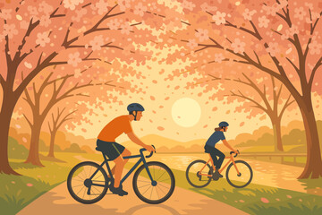 Bikers enjoy a sunset ride along a tree-lined path with cherry blossoms near a calm river in springtime