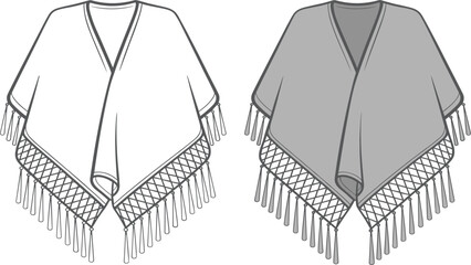 White and Grey Poncho Technical Sketch Set: Featuring Fringed Hem and Lattice Embroidery Detail