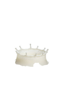 High-speed macro of a viscous white milk cream crown splash with sharp suspended droplets, isolated on a transparent background. Concept of dairy product purity