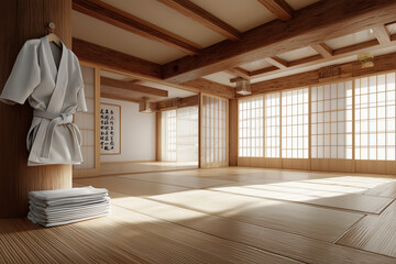 Sunlit traditional Japanese dojo interior with tatami mats, wooden beams, shoji screens and hanging gi - serene martial arts training space with calligraphy