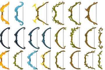 Collection of various bow designs on display showing different colors and styles for archery or gaming purposes