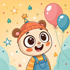 A cute cartoon bear wearing a party hat and overalls, smiling happily with balloons and stars in a festive, joyful setting.