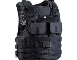 Isolated on a white background is a tactical black body armor vest, cut out