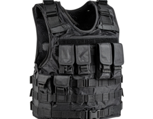 Isolated on a white background is a tactical black body armor vest, cut out