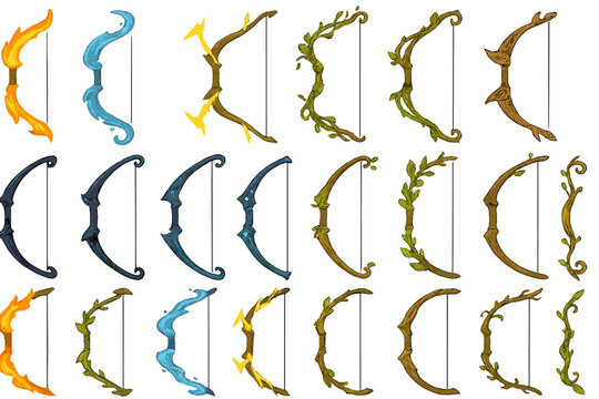 Collection of various bow designs on display showing different colors and styles for archery or gaming purposes - Powered by Adobe