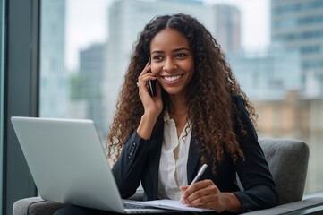 Businesswoman talking on phone with laptop open