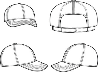 Professional Baseball Cap Technical Sketch Set: Featuring Front Side and Back View Apparel Design Templates