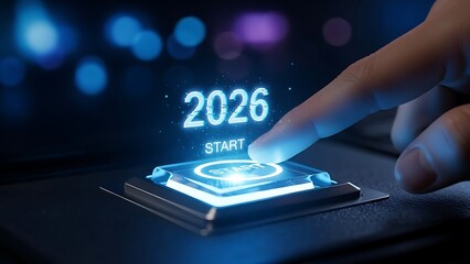 A hand presses a glowing start button displaying the year 2026