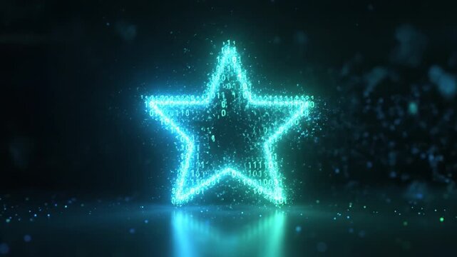 Glowing star neon light particle effect hologram digital binary reflection dark background blue green futuristic glowing outline green binary code particle stream floating over dark digital space