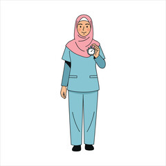 Obraz premium A female doctor wearing a hijab holding a stethoscope in a simple illustration style